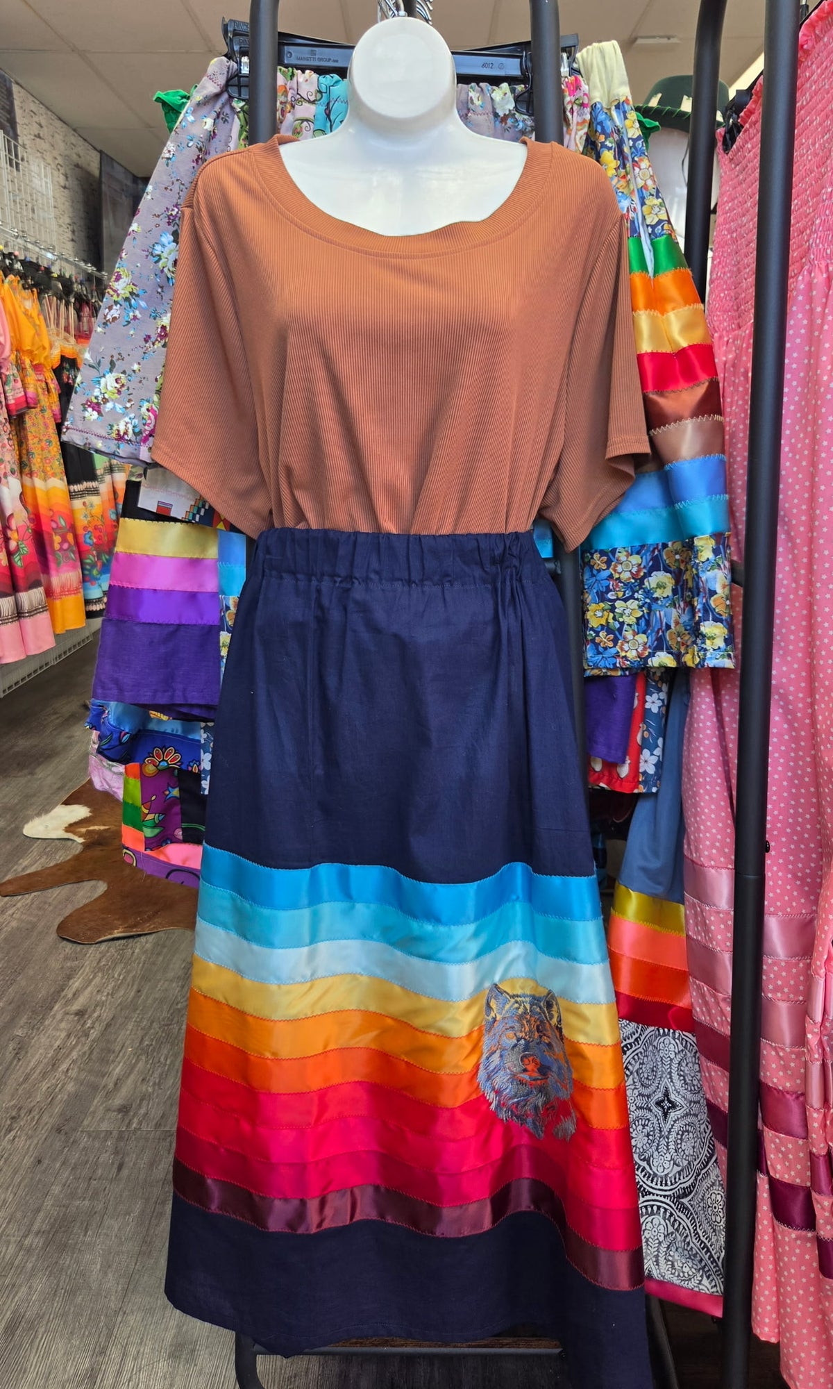 Handmade Ribbon Skirt By Lori Phelps Moon Wolf Face on Dark Blue
