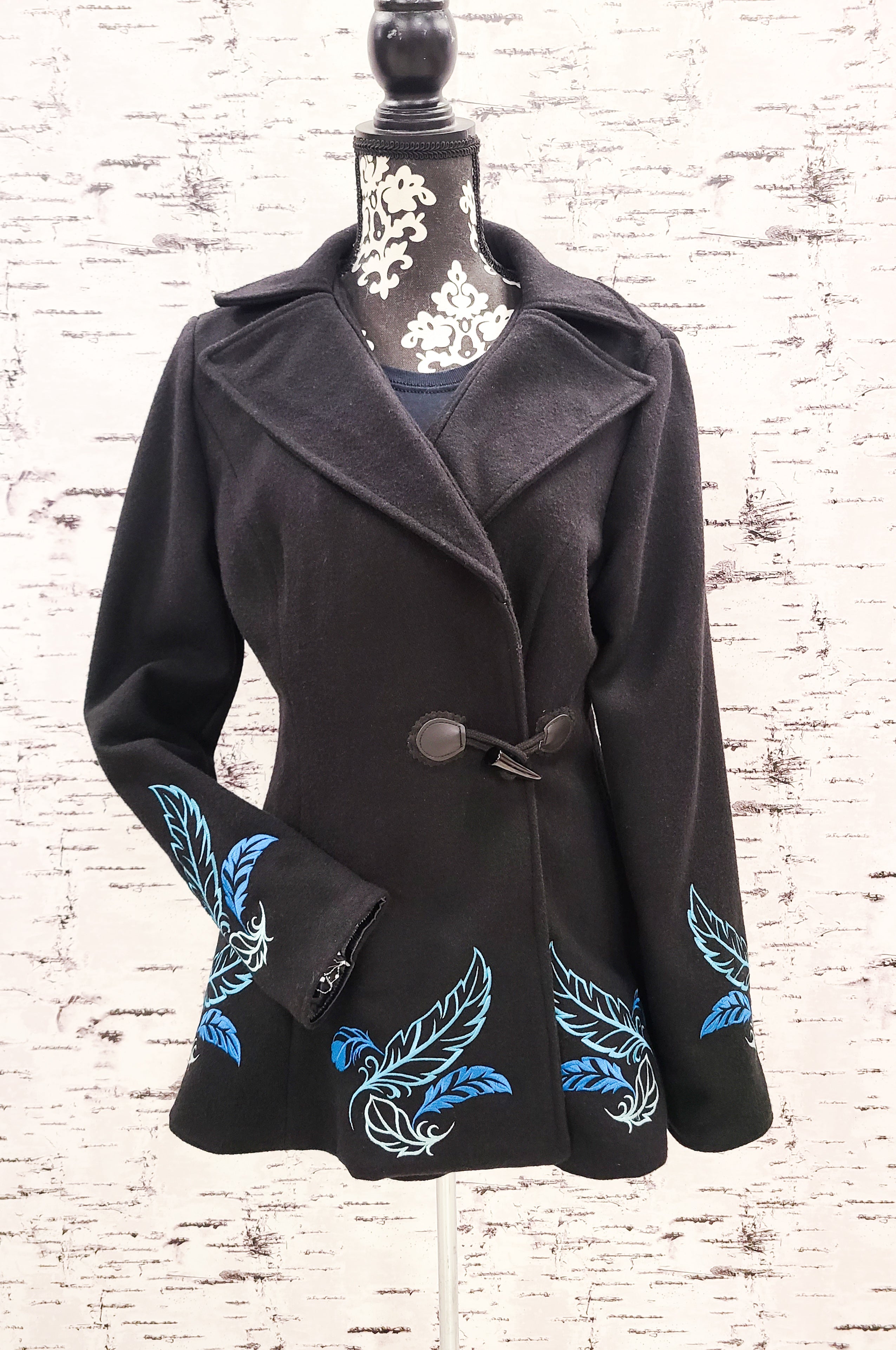 Handmade Black Wool Coat w/ Feather Design