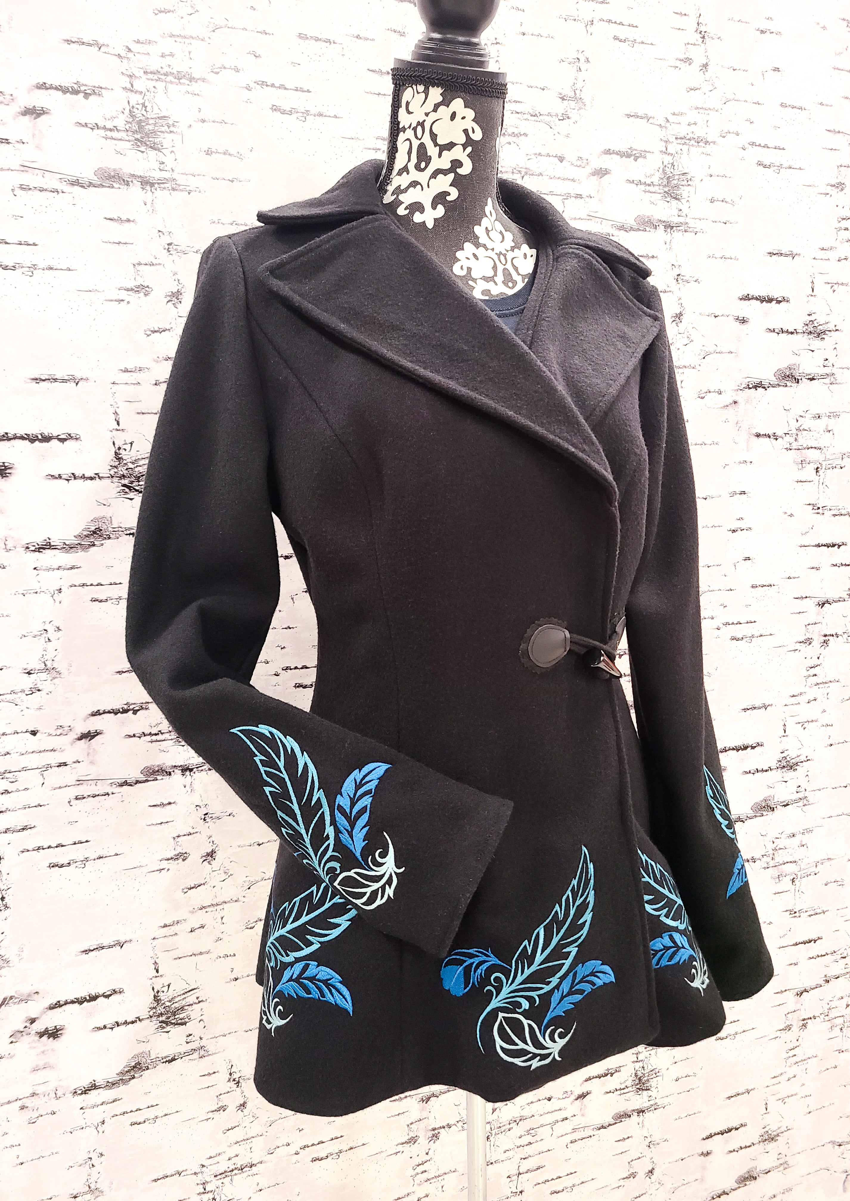 Handmade Black Wool Coat w/ Feather Design