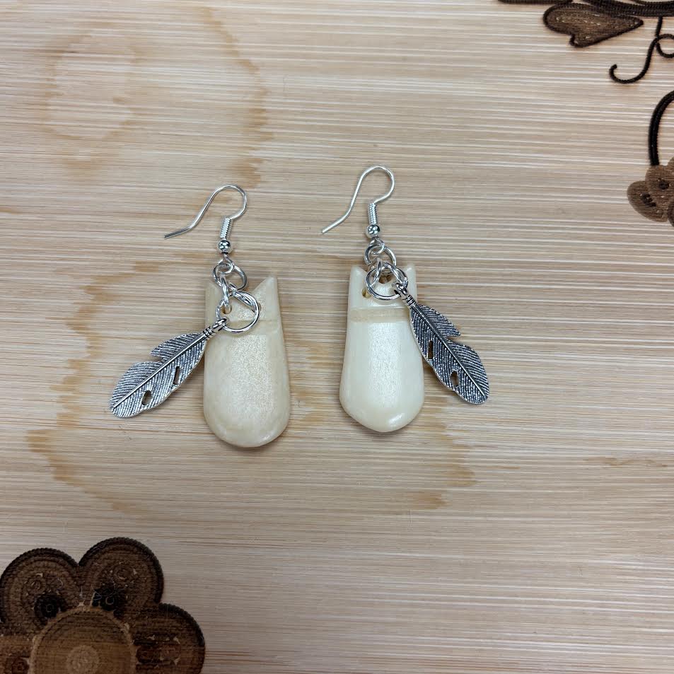 Mikey Runningbird Moonlight Feather Elk Teeth Earrings