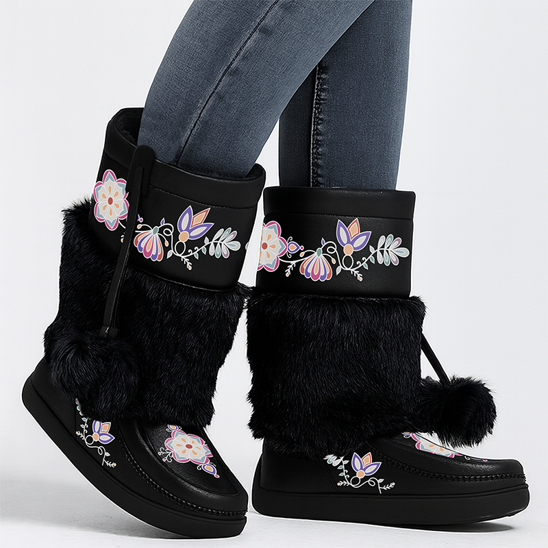 Aurora Petal Glow Real Black Leather MocLux Calf with Fur