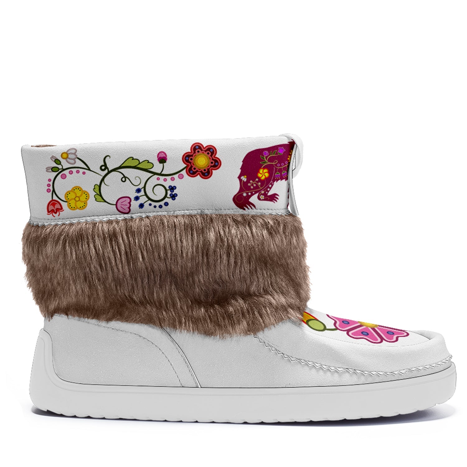 Floral Maskwa White Leather MocLux Short Style with Fur