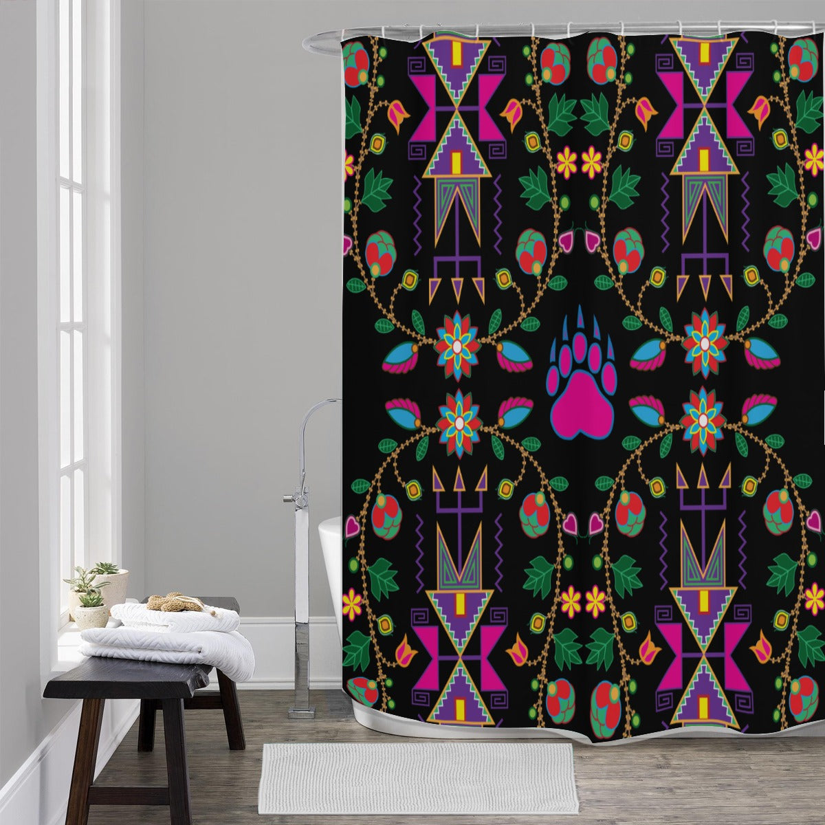 Geometric Floral Fall Black Shower Curtain (59 inch x 71 inch)