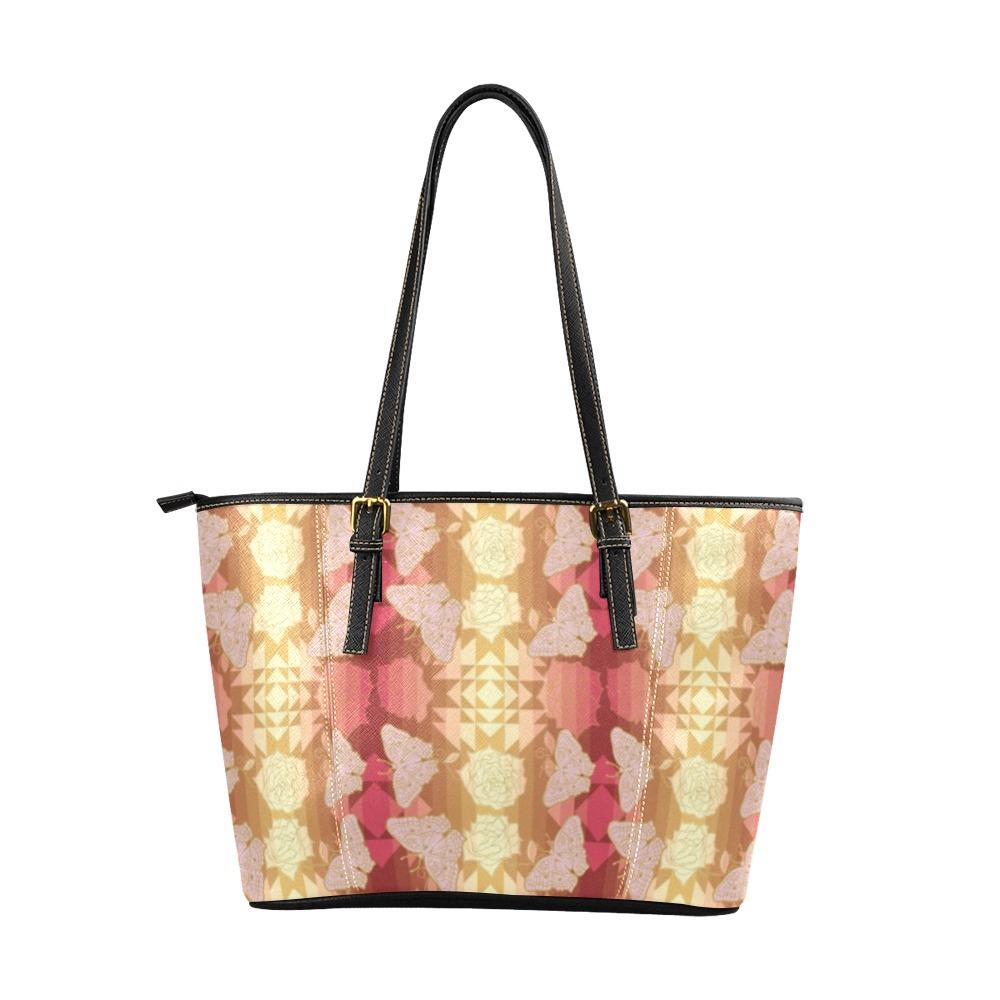 Butterfly and Roses on Geometric Leather Tote Bag