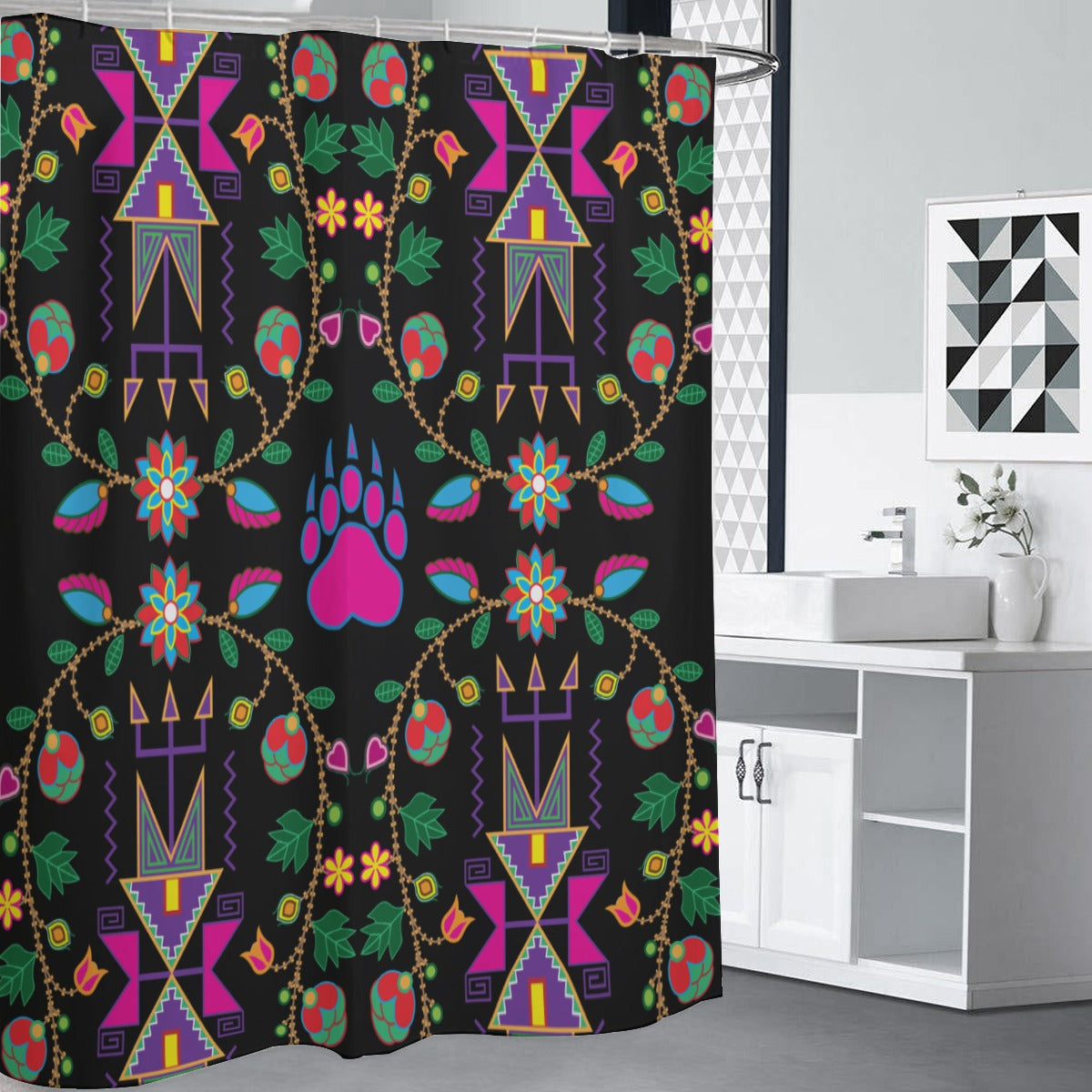 Geometric Floral Fall Black Shower Curtain (59 inch x 71 inch)