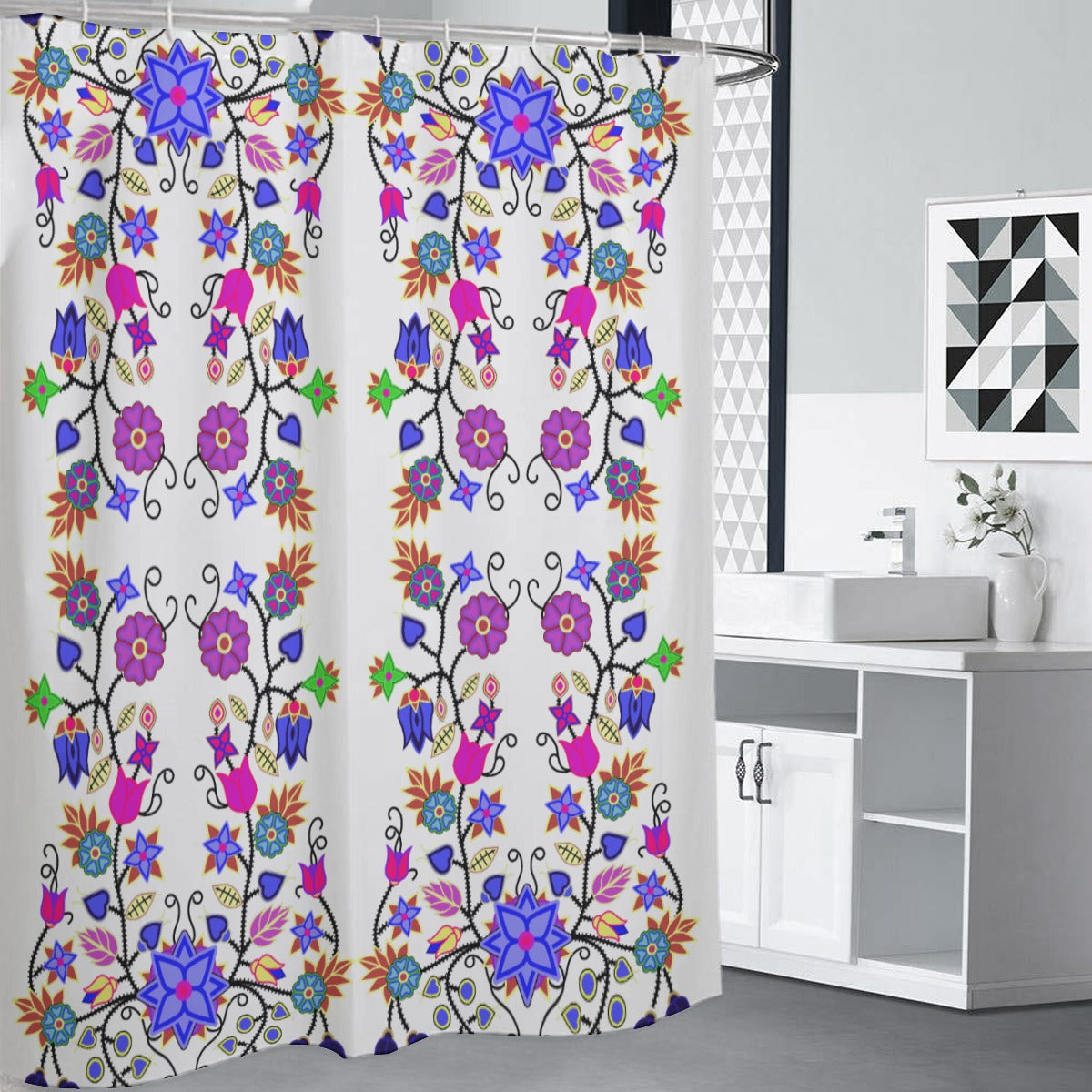 Floral Beadwork Seven Clans White Shower Curtain (59 inch x 71 inch)