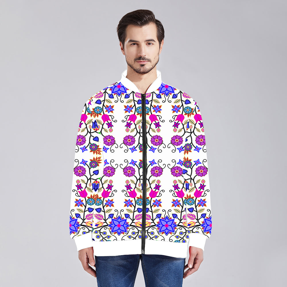 Floral Beadwork Seven Clans White Unisex Collar Zipper Jacket