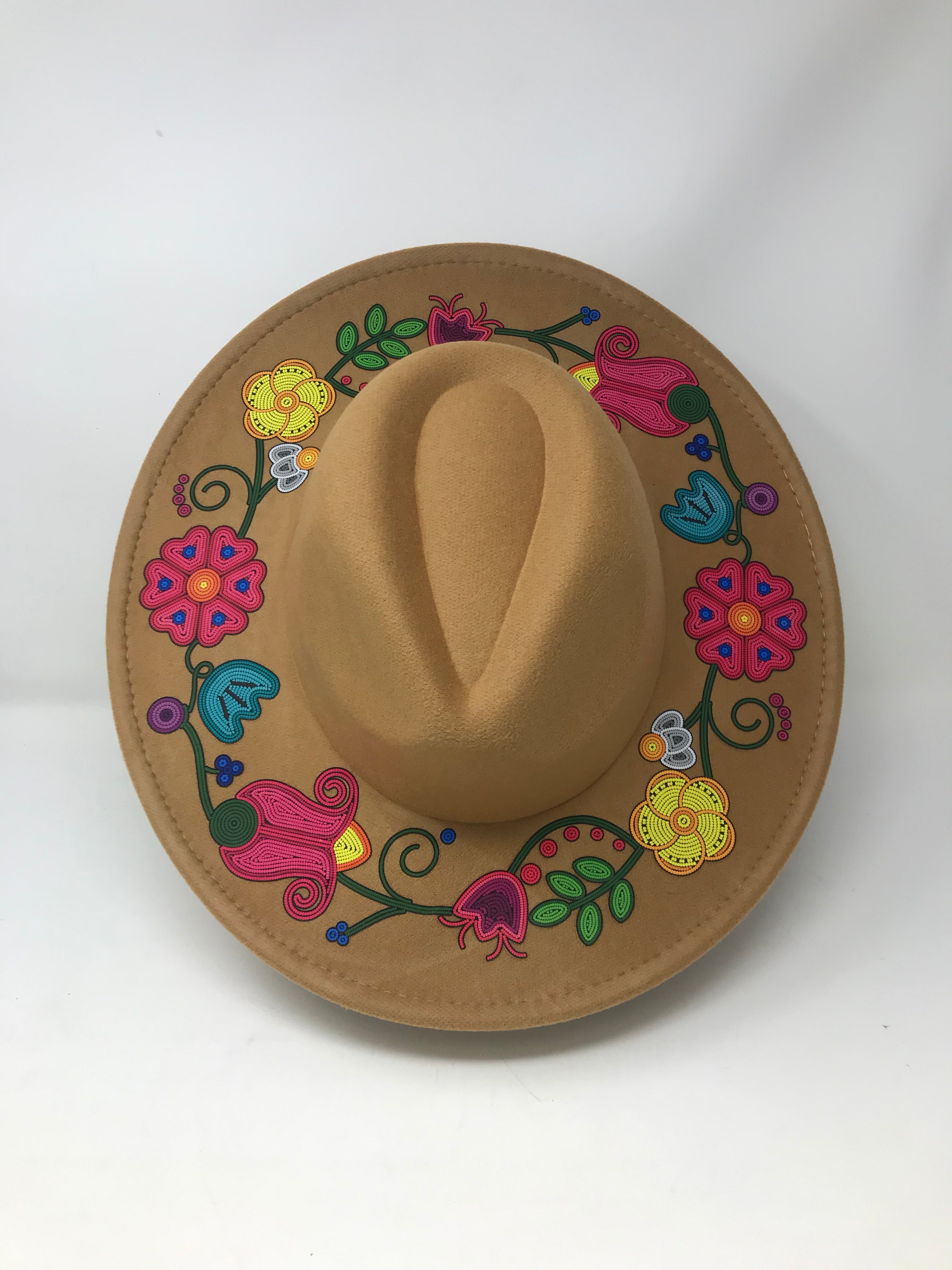 Beaded Floral Tan Fedora Hat