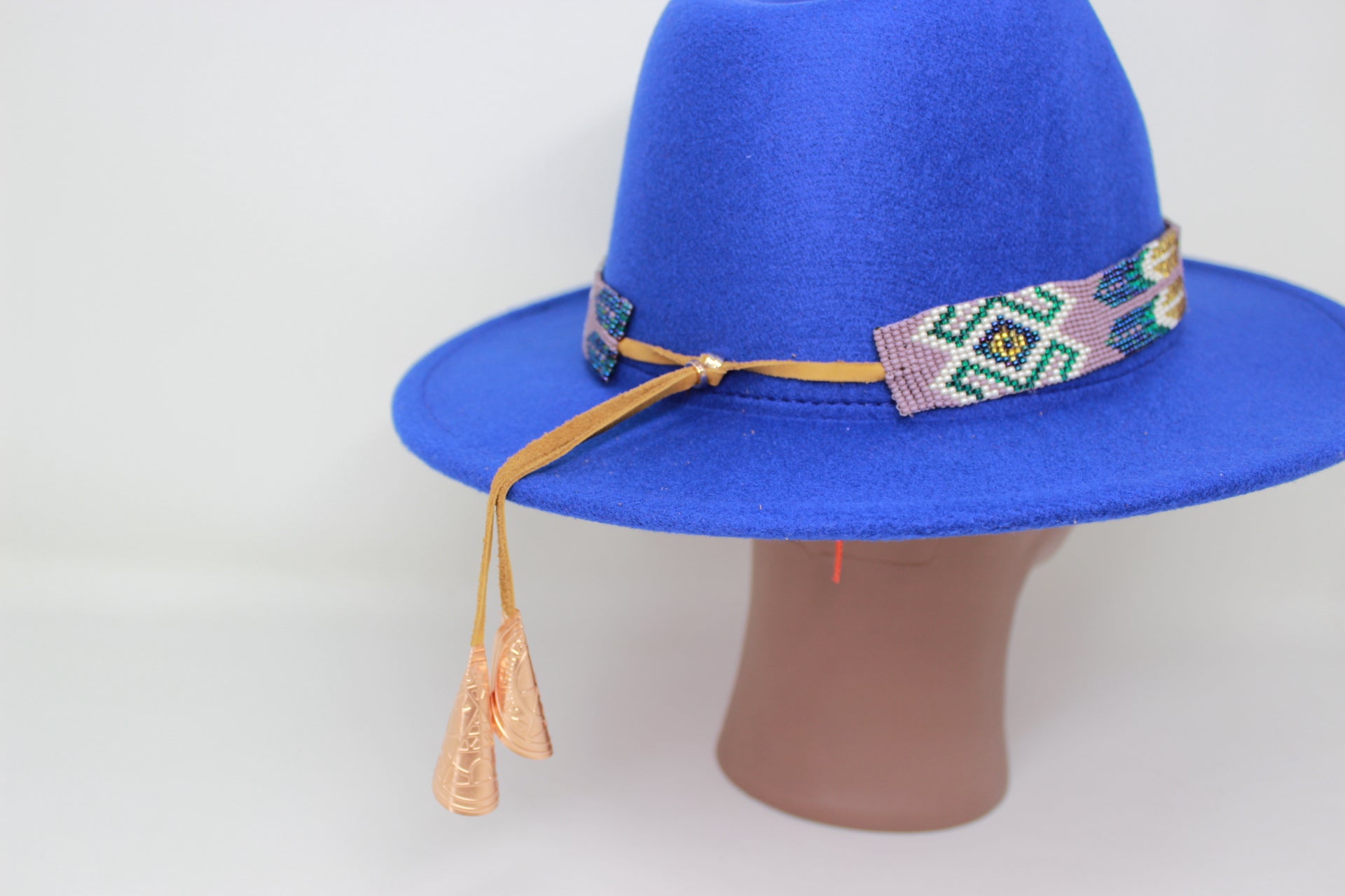 Blue Fedora Hat w Purple Beaded Hat Band and Jingles