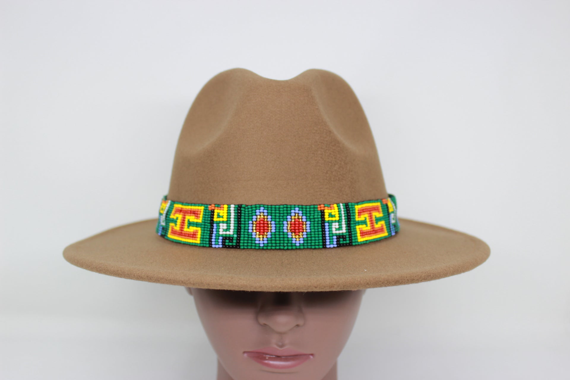 Brown Fedora Hat w Green Beaded Hat Band and Jingles
