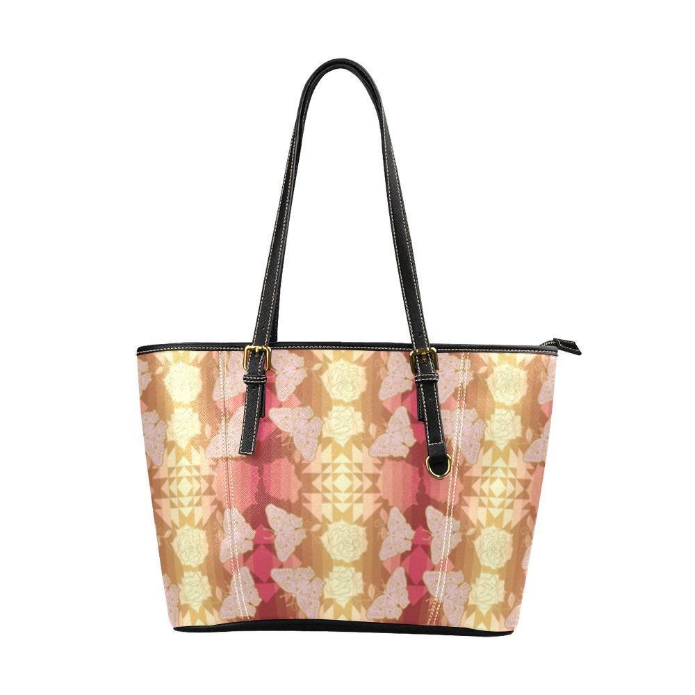Butterfly and Roses on Geometric Leather Tote Bag/Large (Model 1640) bag e-joyer 